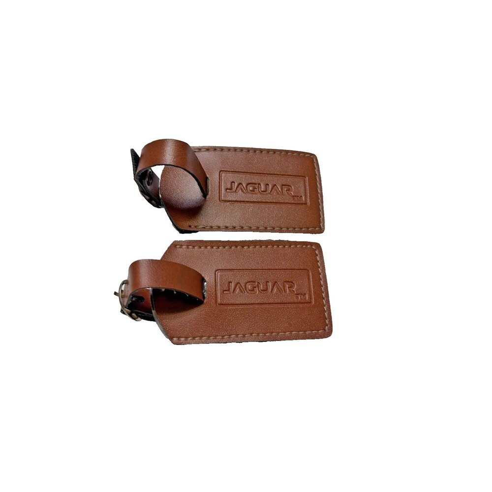 2 Jaguar Identification Luggage Tags VTG Brown Leather 3.5" X 2.0"